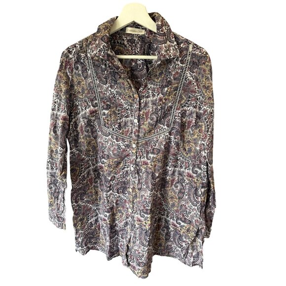 Coldwater Creek Paisley Floral Shirt Cotton Purple Yellow Long Sleeve Womens L - Picture 3 of 7